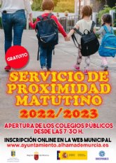 El lunes 5 de septiembre se abre el plazo de inscripción para el Servicio Municipal de Proximidad Matutino. Curso 2022-2023