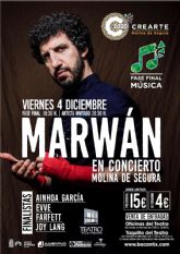 La fase final de la modalidad de música del Certamen de Creación Artística Joven CREARTE 2020 de Molina de Segura se celebra el viernes 4 de diciembre con MARWAN como artista invitado