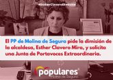 El PP de Molina de Segura pide la dimisión de la alcaldesa, Esther Clavero Mira, y solicita una Junta de Portavoces Extraordinaria