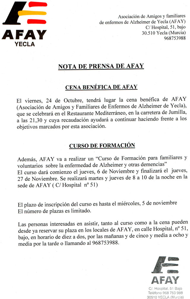 La Asociación de Amigos y familiares de enfermos de Alzheimer de Yecla (AFAY) organiza una cena benéfica - 1, Foto 1