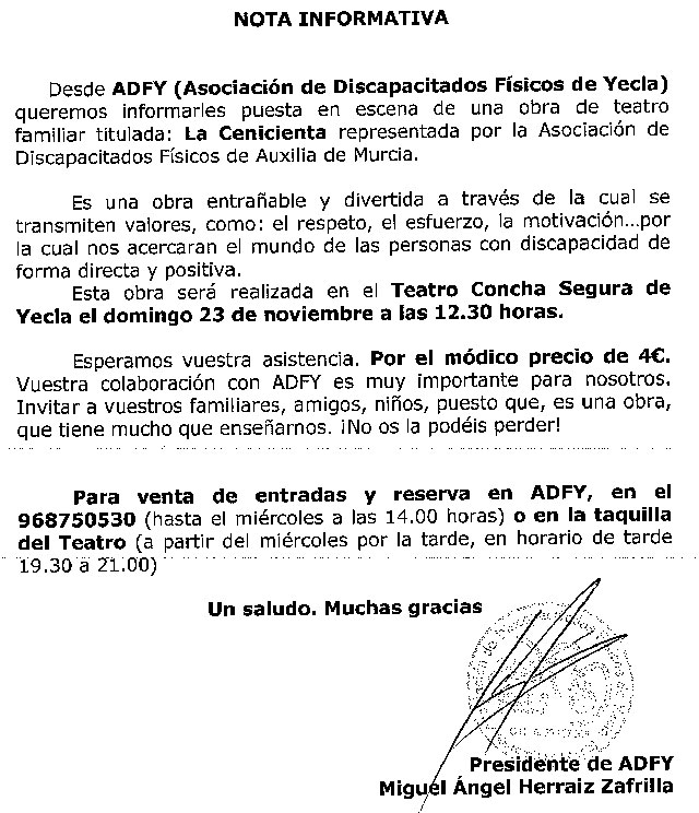Nota informativa de ADFY (Asociación de Discapacitados Físicos de Yecla) sobre una obra de teatro destinada a recoger fondos para la organización - 1, Foto 1