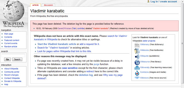 Borran de la Wikipedia en inglés la página sobre Vladimir Karabatic por tratarse de un Hoax - 1, Foto 1