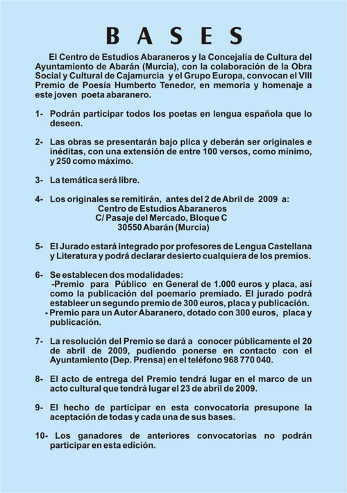 Publicadas las bases del VIII Premio de Poesía Humberto Tenedor - 1, Foto 1