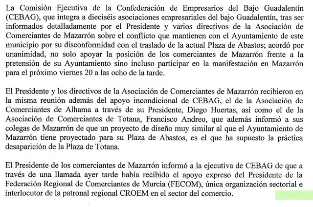 CEBAG apoya a los comerciantes de Mazarrn que se oponen a que su ayuntamiento traslada la Plaza de Abastos, Foto 1