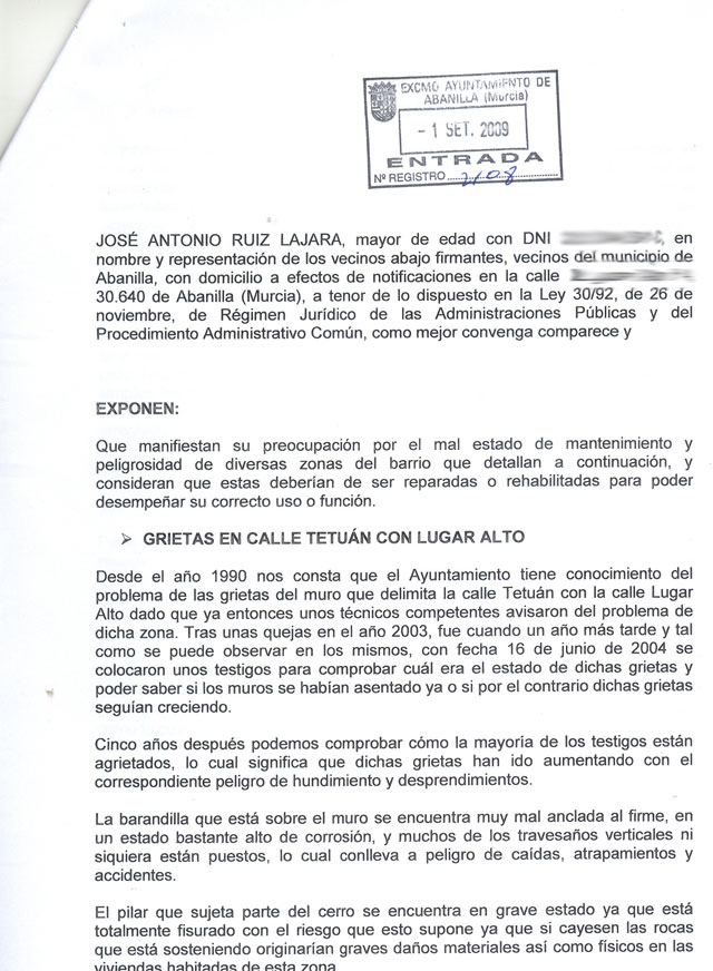 Vecinos de Abanilla denuncian ante el Ayuntamiento el mal estado de las calles del Lugar Alto - 1, Foto 1