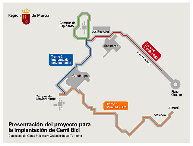 Imagen del mapa de vías ciclables que conectarán la avenida Juan Carlos I de Murcia con el campus de Espinardo, Foto 1