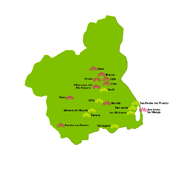 Mapa de municipios que contarán con sistema de préstamos de bicicletas a finales de este año y principios del que viene, Foto 1