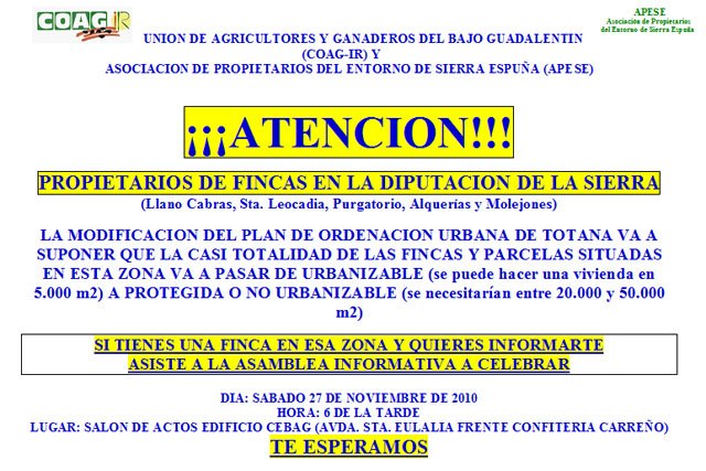 COAG-IR Y APESE celebrarán una asamblea informativa sobre el PGOM, Foto 1