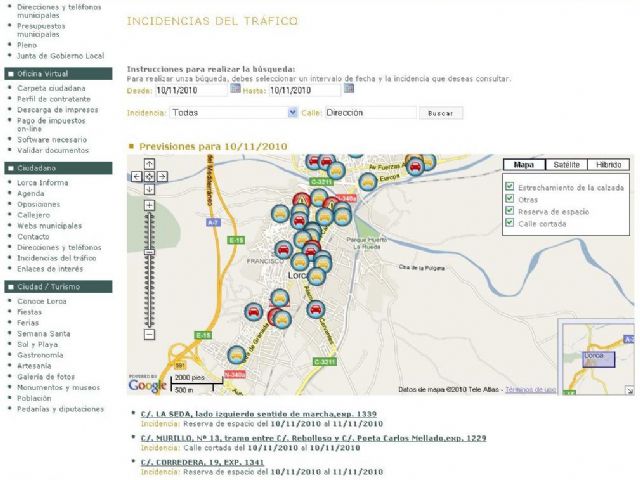 La web municipal del Ayuntamiento de Lorca muestra las incidencias de tráfico a través de Google Maps - 1, Foto 1