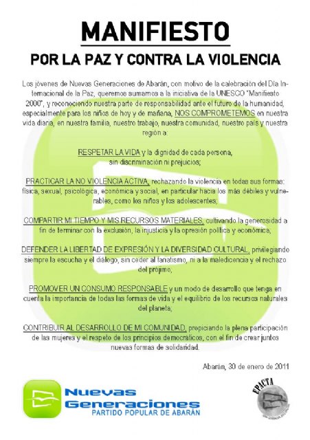 Nuevas Generaciones de Abarán publica un Manifiesto por la paz y contra la violencia - 1, Foto 1