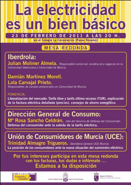 La Concejalía de Consumo de Molina de Segura organiza una mesa redonda sobre la electricidad como bien básico el miércoles 23 de febrero - 1, Foto 1