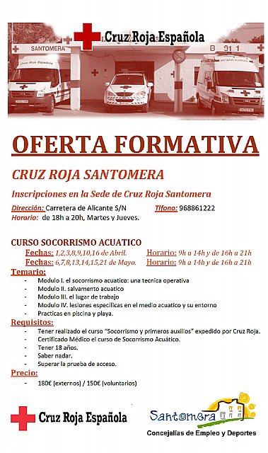 El Ayuntamiento de Santomera y Cruz Roja ofertan un curso de Socorrismo Acuático - 1, Foto 1