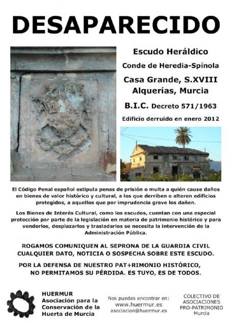 HUERMUR inicia una campaña para esclarecer el paradero del escudo BIC de Casa Grande - 1, Foto 1