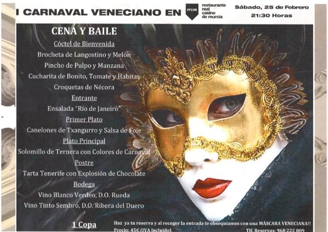 El restaurante del Real Casino de Murcia celebrará por primera vez un carnaval veneciano - 1, Foto 1