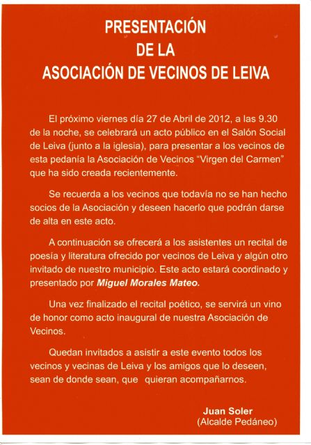 Este viernes se presenta la Asociación de Vecinos Virgen del Carmen de Leiva - 1, Foto 1