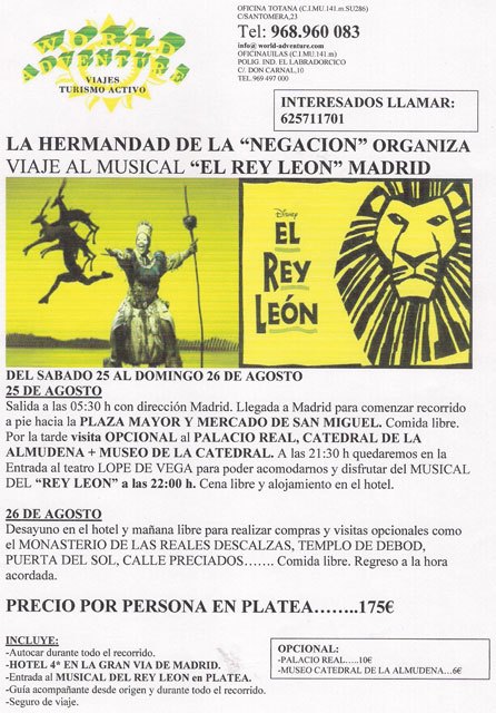 La Hermandad de la Negación organiza un viaje a Madrid para ver el Musical de “El Rey León”, Foto 2