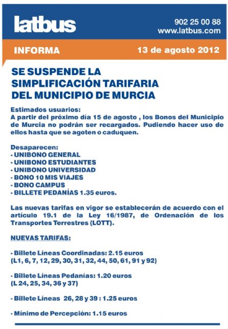 El Ayuntamiento de Murcia rechaza la subida de tarifas propuesta por Latbus - 1, Foto 1