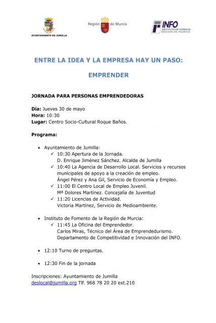 El Alcalde y Concejal de Empleo, informa de la celebración, el próximo jueves 30 de mayo, de una Jornada dirigida a personas emprendedoras - 1, Foto 1