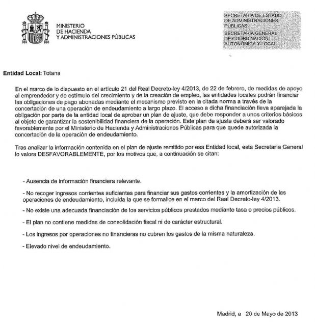 IU-verdes: El Ministerio de Hacienda tumba el Plan de Ajuste del Ayuntamiento de Totana con los mismos argumentos esgrimidos por IU en el Pleno - 1, Foto 1
