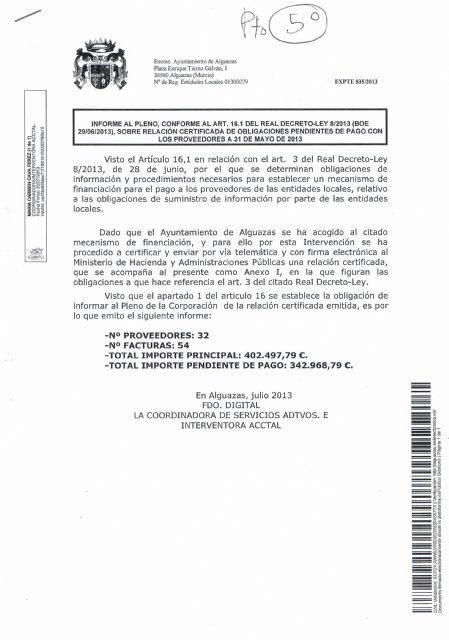 El ayuntamiento de Alguazas certifica una nueva deuda a proveedores de 342.968,79 euros en menos de un año - 1, Foto 1