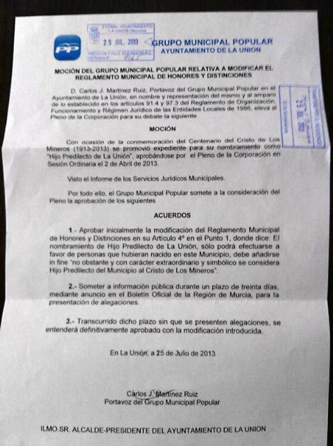 El PSOE La Unión celebra que Bernabé y el PP reconozcan que el nombramiento de Hijo Predilecto del Cristo de los Mineros fue ilegal - 1, Foto 1