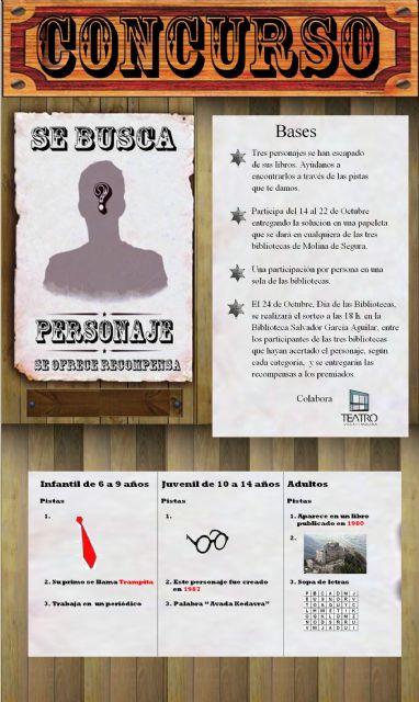 La Concejalía de Cultura de Molina de Segura organiza el concurso Se busca personaje con motivo del Día Internacional de la Biblioteca - 1, Foto 1