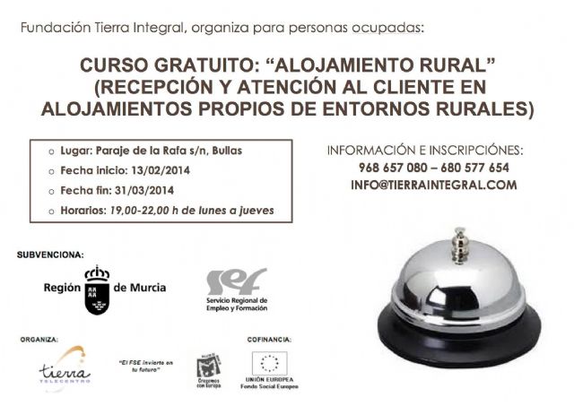 Bullas acogerá un curso de recepción y atención al cliente en alojamientos propios de entornos rurales - 1, Foto 1