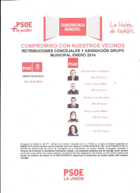 PSOE: Retribuciones Mes Enero de los Concejales del Grupo Municipal Socialista y Asignación Grupo Municipal en el Ayuntamiento de La Unión - 1, Foto 1