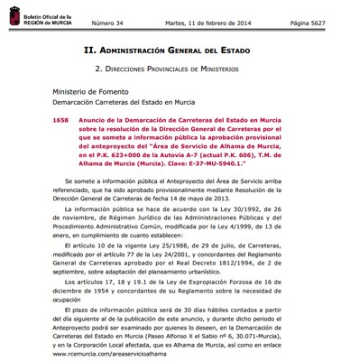El BORM publica el anuncio de la Demarcación de Carreteras del Estado en Murcia sobre la resolución de la Dirección General de Carreteras, Foto 1