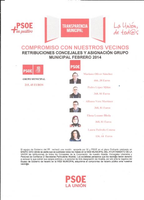 PSOE: Retribuciones Mes Febrero de los Concejales del Grupo Municipal Socialista y Asignación Grupo Municipal en el Ayuntamiento de La Unión - 1, Foto 1