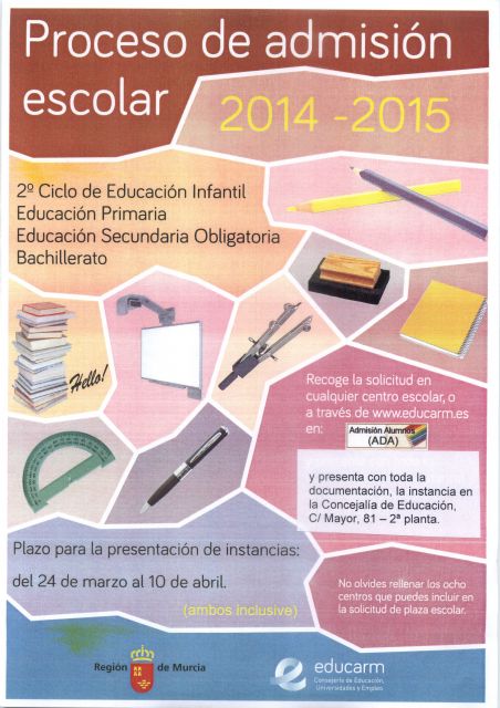 El Ayuntamiento de Molina de Segura pone en marcha el proceso de admisión escolar para el curso 2014/2015 del 24 de marzo al 10 de abril - 1, Foto 1