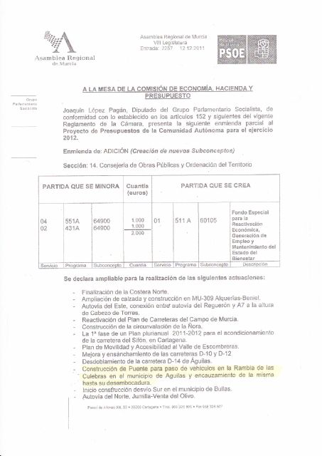 Moreno se alegra que el Alcalde le pida a Valcárcel infraestructuras que lleva solicitando el Grupo Socialista desde hace años y que han sido votadas en contra por el PP - 1, Foto 1