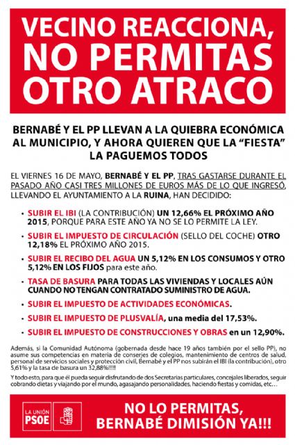 PSOE de La Unión considera un atraco la subida de impuestos y tasas aprobada por Bernabé y el PP en la Junta de Gobierno de 16 de mayo - 1, Foto 1