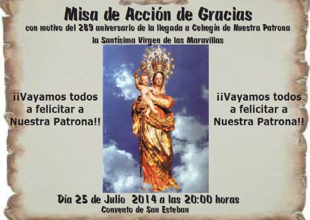 La Hermandad de la Virgen de las Maravillas conmemora este viernes el 289 aniversario de la llegada a Cehegín de la imagen de su Patrona - 1, Foto 1