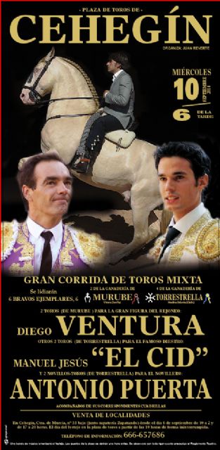 El rejoneador Diego Ventura, 'El Cid' y el novillero Antonio Puerta forman el cartel del 10 de septiembre en Cehegín - 1, Foto 1
