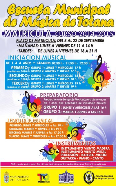 El plazo de matrícula para el curso 2014-2015 de la Escuela Municipal de Música de Totana se abre el próximo 8 de septiembre, Foto 1