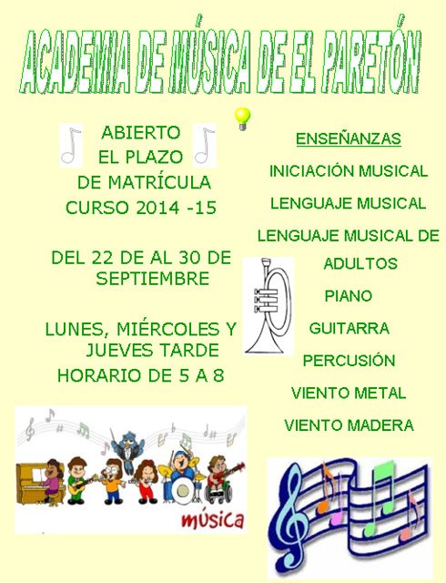 El lunes 22 de septiembre se abre el plazo de matrícula en la Escuela de Música de el Paretón