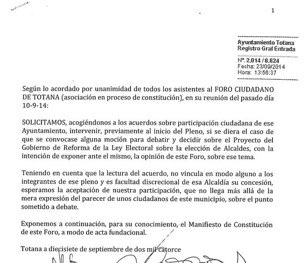 El Foro Ciudadano de Totana solicita intervenir antes del Pleno de esta noche, Foto 1