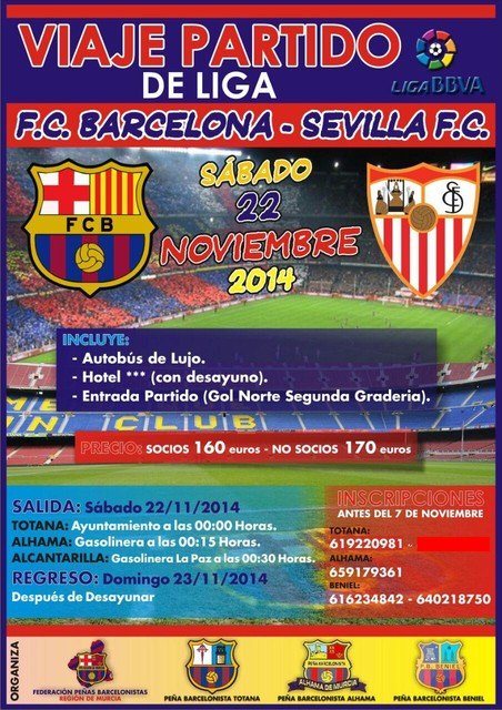 Las Peñas Barcelonistas de Totana, Alhama y Beniel organizan un viaje al partido FC Barcelona - Sevilla, Foto 1