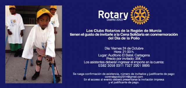 Los Clubs Rotarios de la Region de Murcia recordaran el Dia Mundial de la Polio con una cena solidaria para recaudar fondos - 1, Foto 1