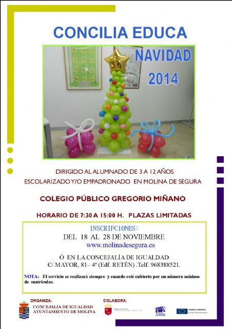 La Concejalía de Igualdad de Molina de Segura abre el plazo de inscripción para el Servicio Concilia Educa Navidad 2014 el martes 18 de noviembre - 1, Foto 1