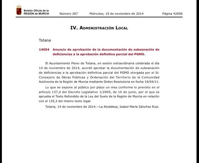 El BORM publica el anuncio de la aprobación de la documentación de subsanación de deficiencias a la aprobación definitiva del PGMO - 1, Foto 1