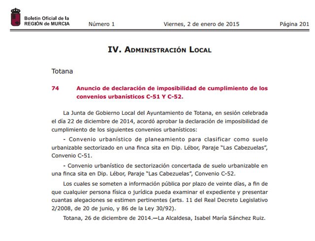 El BORM publica el anuncio de declaración de imposibilidad de cumplimiento de los convenios urbanísticos C-51 Y C-52, Foto 1