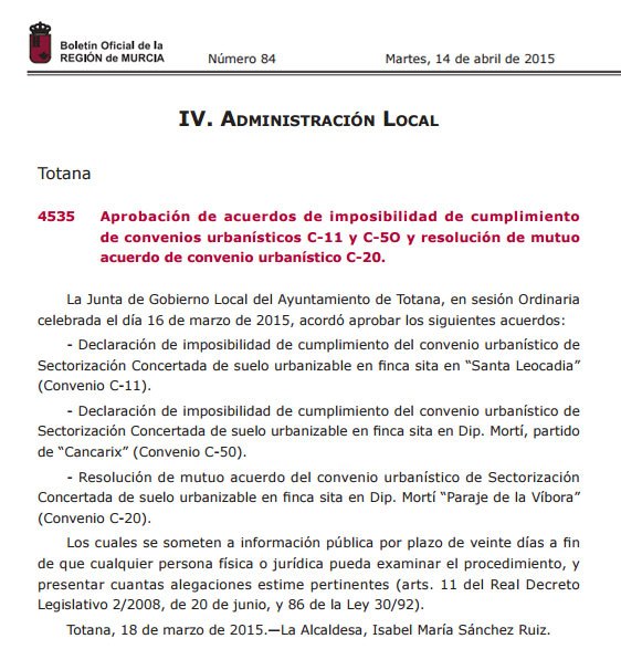 El BORM publica la aprobación de acuerdos de imposibilidad de cumplimiento de convenios urbanísticos C-11 y C-5O, Foto 1