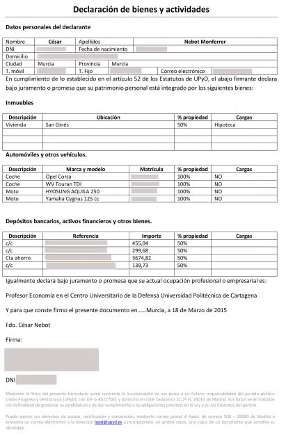 Nebot publica su declaración de bienes y actividades como cabeza de lista a la Asamblea Regional por UPyD - 1, Foto 1