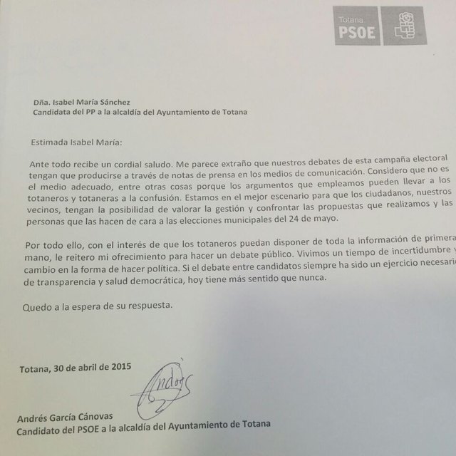 Andrés García reitera por segunda vez a la candidata del PP la celebración de un debate público