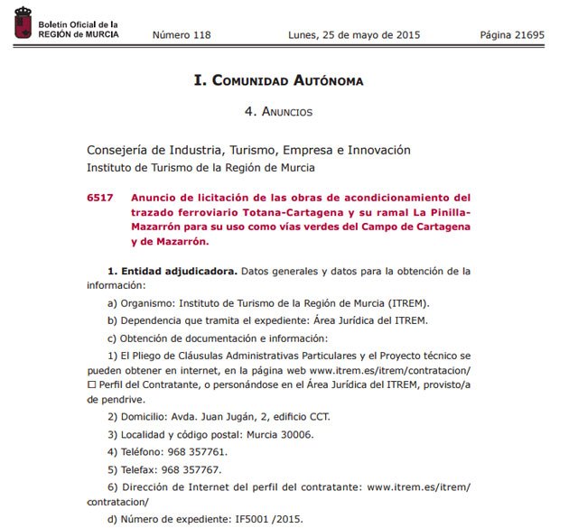 EL BORM publica el anuncio de licitación de las obras de acondicionamiento del trazado ferroviario Totana-Cartagena y su ramal La Pinilla Mazarrón para su uso como vías verdes del Campo de Cartagena y de Mazarrón, Foto 1
