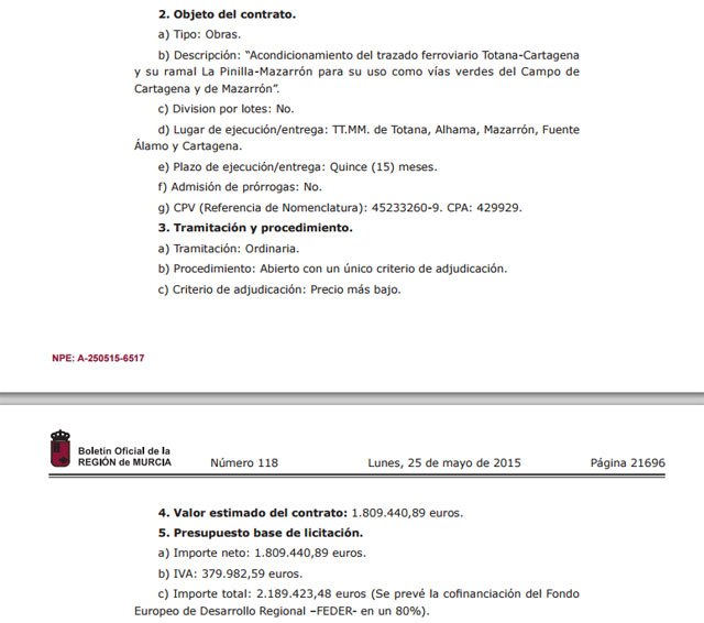 EL BORM publica el anuncio de licitación de las obras de acondicionamiento del trazado ferroviario Totana-Cartagena y su ramal La Pinilla Mazarrón para su uso como vías verdes del Campo de Cartagena y de Mazarrón, Foto 2