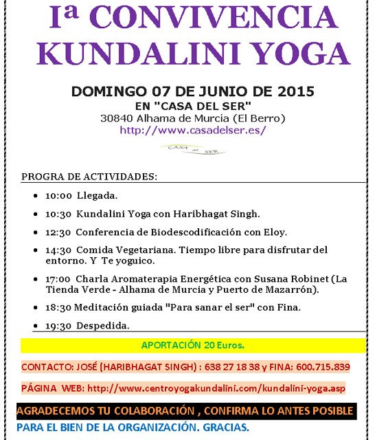 La 1ª Convivencia Kundalini Yoga tendrá lugar el domingo 7 de junio en El Berro (Alhama)