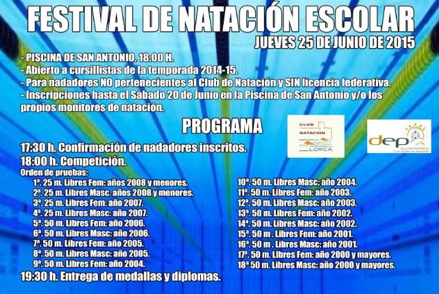 La Concejalía de Deportes y el Club Natación Lorca organizan el Festival Escolar de Natación que se celebrará el 25 de junio en la piscina de San Antonio - 1, Foto 1